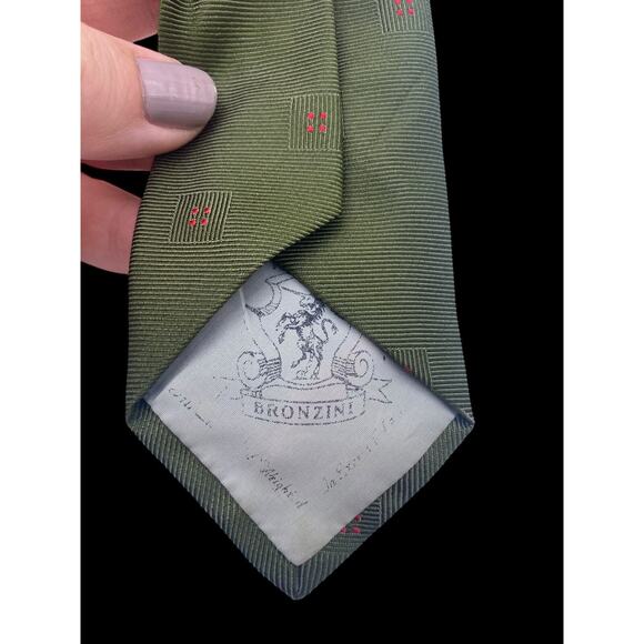 Vintage Bronzini Tie Necktie Skinny 1960s Green Preppy Disco Academia Retro - Picture 6 of 7